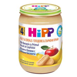 hlape.bg Hipp БИО Пълнозърнеста каша с Ябълки, банани и бисквити - ( 4м+) 190gr.